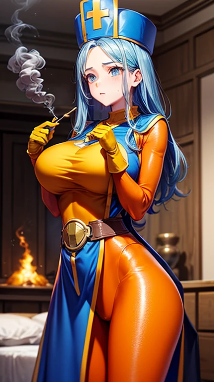 masterpiece, Highest quality, (Unreal Engine), reality:1.8, Super Resolution,  Very detailed, Complex, colorful, Clear images, Sharp focus, Digital Blending,  

Beautiful woman, Dragon Quest Female Monk, long sky blue hair, Blue priest hat, ((Orange bodysuit)), friend, ((Tabard)), Elbow-length gloves, Vivid expression, Healthy Body, Beautifully detailed sweat glands, Smooth skin texture, Carefully drawn, 

(humidity:1.2), (Lewd Scent:1.5), Beautiful Eyes, (Attractive face:1.2), (Beautiful Skin), Tight waist, (Big Breasts), Round Breasts, (Sticky with sweat), Irresistibly sexy pose, 

In the world of Dragon Quest, ((In a room filled with the smoke of aphrodisiac incense)), ((Hasselblad Photos), Dynamic Angle),