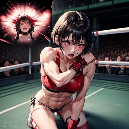 a man and a bloody girl fighter are fighting in a fighting octagon ring. he is holding bloody pretty young japanese girl fighter's body tightly. She is struggling. she is crying and screaming. she has short-cut black hair, shortness of breath, drool from her mouth, closed eye, exhaustion, and sweat soaked. open finger grobe. full body. Muscularity. Six pack abs. Erect nipples.