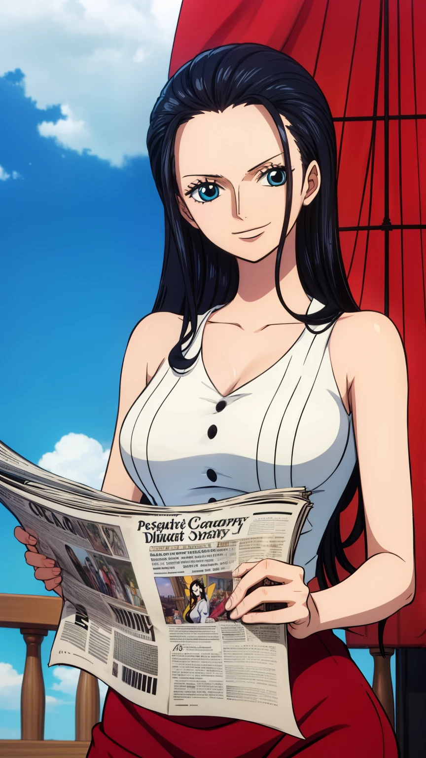 (masterpiece, best quality, high resolution, 8k:1.2), anime coloring, details, from One Piece, One Piece style, Nico Robin, black haired woman long hair, large medium breasts, happy expression and laughing, glad, pose for photo, witch, diary in her hands, perfect hands, woman in black, mid-breasted, reading newspaper, sexy on the mast of a ship, cowboy shot,