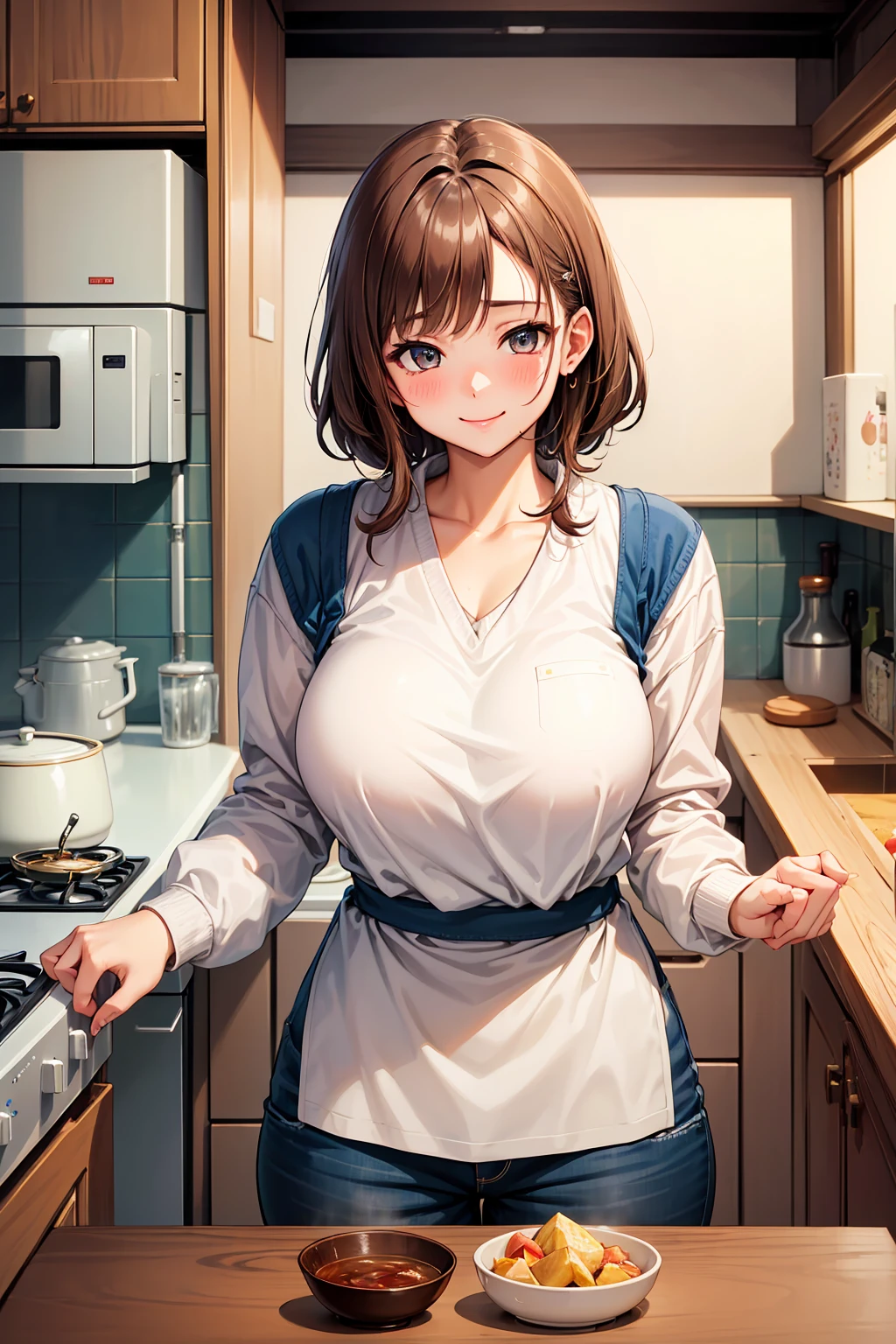 ((Highest quality))、((masterpiece))、(detailed)、((Anatomically correct))、One Woman、aldult、(look at me)、cowboy shot、(Ultra-glossy skin with attention to detail:1.1)、Glowing Skin、bangs、Half-up hairstyle、Shiny brown hair、(Beautiful Eyes:1.3)、Slim figure、(Naked Apron)、titedium breasts、erectile nipples、kitchen