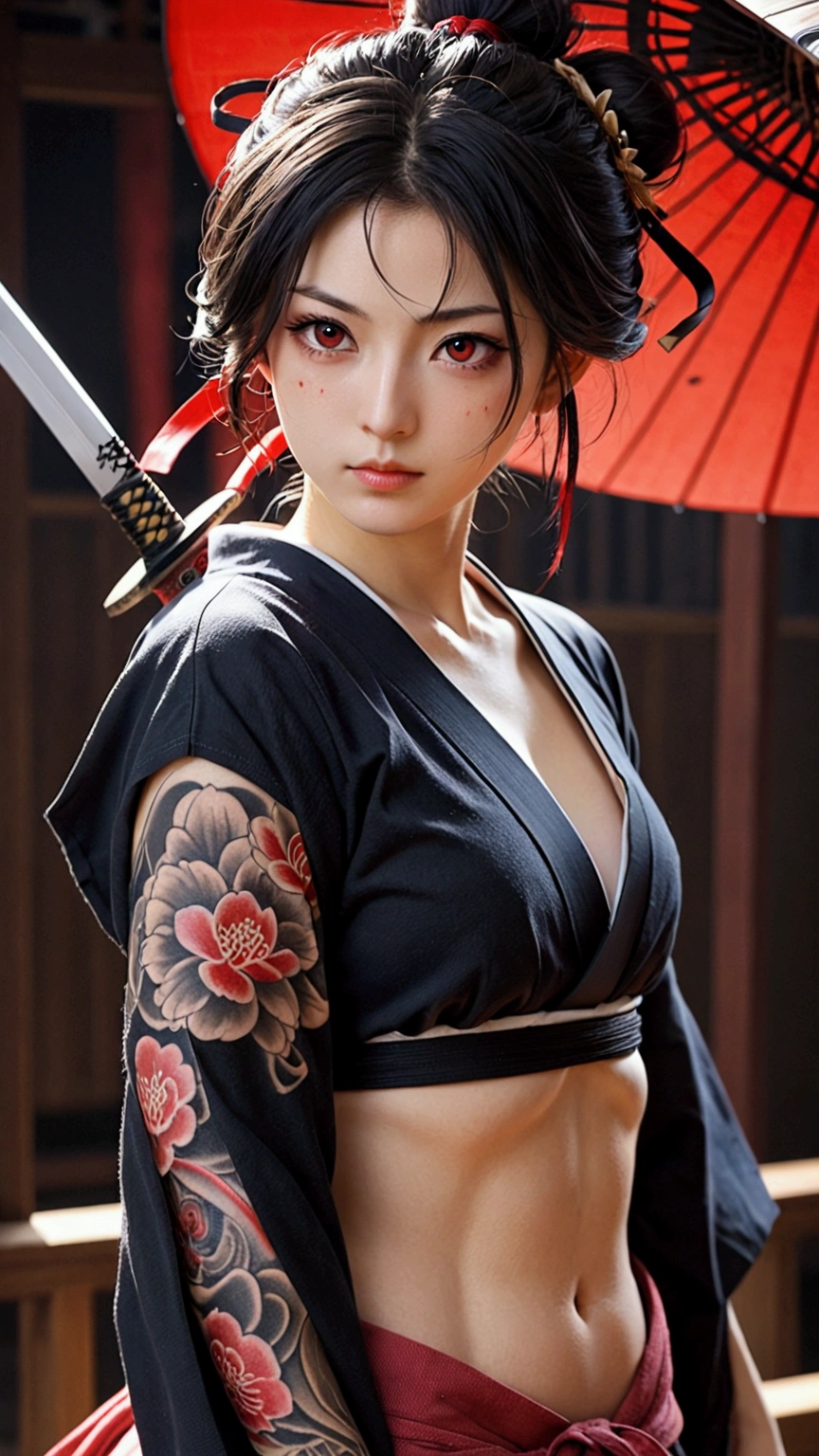 (Japanese sword &reference;Muramasa 2&reference;.2)One beautiful woman、Japanese swordを持った女性、armor、pocket、Warrior、Clear Eyes、Red Eye、{Arm tattoo、Warrior、Realistic battle scenes、敵Warriorの返りBlood、Blood、High resolution、Highest quality、Very detailed、8k、background、