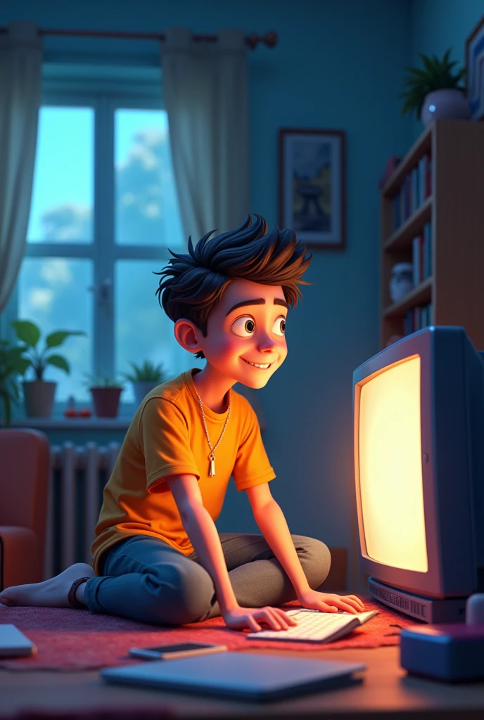 Create A 3D Realistic image of a Boy sitting in gaming YOUTUBE BANNER on type "CARRY69"