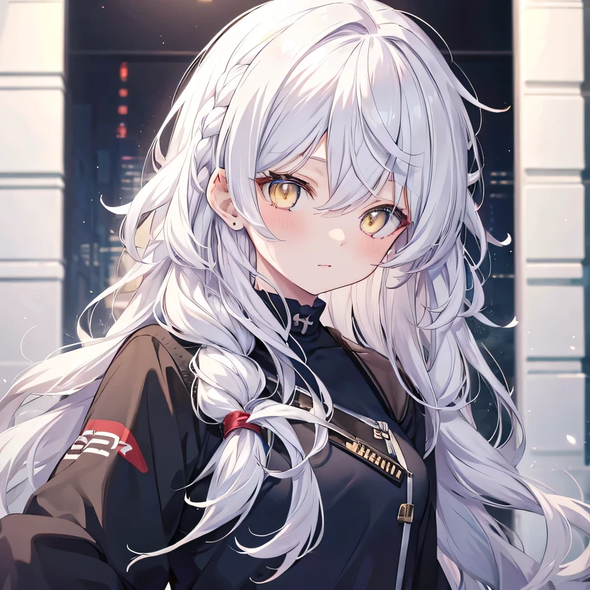 girl, cute anime girl, white hair, hair in a braid on the side, long hair, messy hair, wavy hair, yellow eyes, (((Best Quality: 1.4)))
