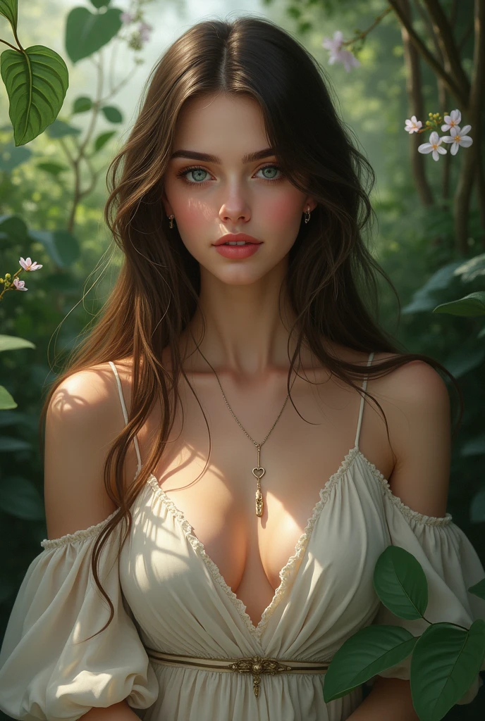 A nude woman, beautiful detailed eyes, beautiful detailed lips, extremely detailed face and skin, long eyelashes, goddess-like figure, graceful pose, outdoor garden setting, natural lighting, lush greenery, blooming flowers, serene atmosphere, photorealistic, highly detailed, 8k, cinematic lighting, dramatic colors, oil painting, masterpiece