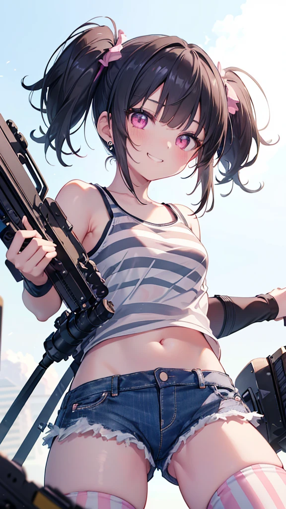 Cute woman smoking, brown hair, black tank top, denim shorts, black boots, shooting with two guns, bar, pistols in both hands