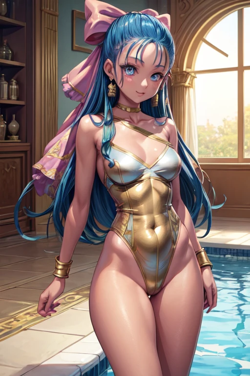 ((masterpiece)), ((best quality)), ((super detailed)), ((anime image, art CG))(smile)(full body), Nella, hair bow bracelet choker earrings gold leotard swimsuit indoor pool