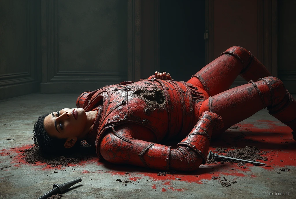 Human has left arm on the ground ripped off from himself bleeding