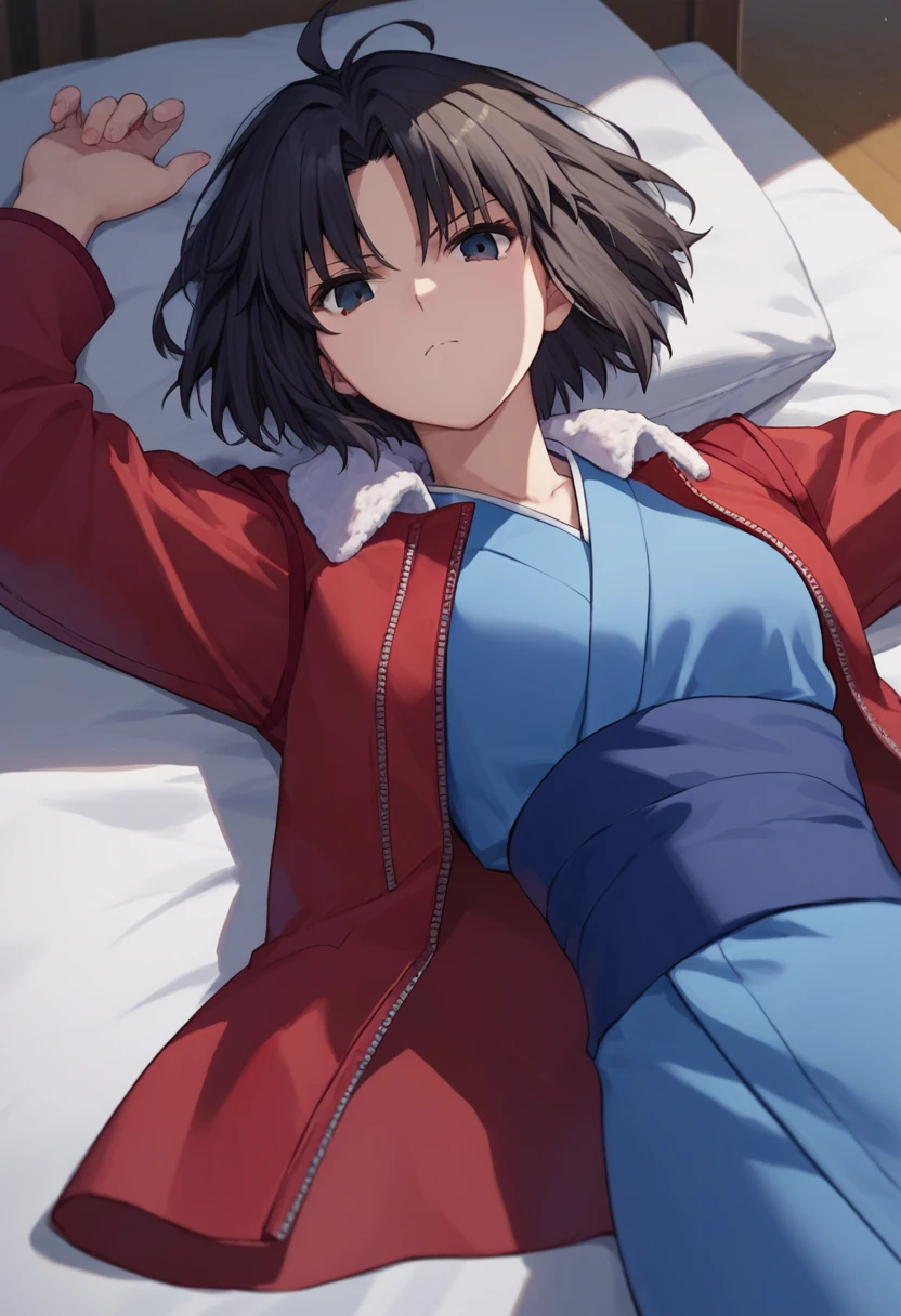 score_9, score_8_up, score_7_up, source_anime, 1girl, ryougi shiki,  short hair, black hair,  black eyes, red leather jacket,  fur trim,  blue kimono,  on back, bed, vedroom background,