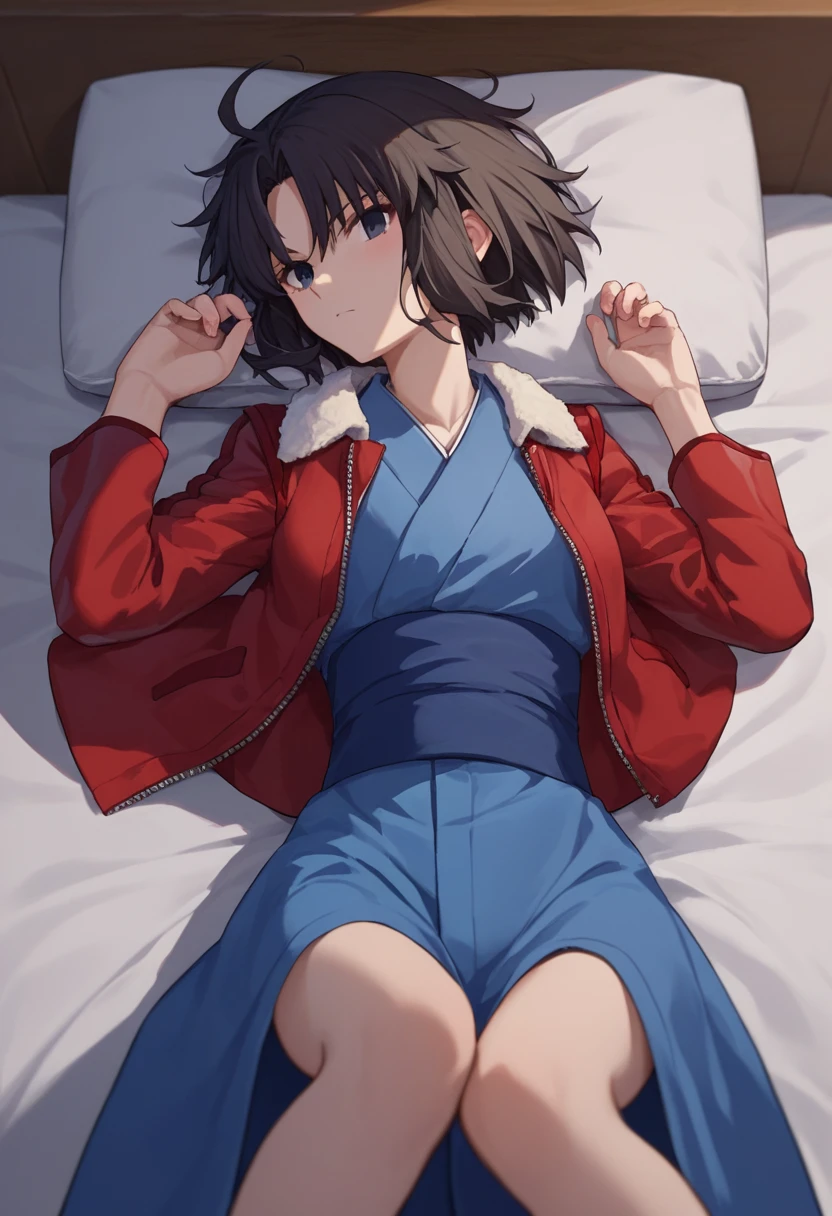 score_9, score_8_up, score_7_up, source_anime, 1girl, ryougi shiki,  short hair, black hair,  black eyes, red leather jacket,  fur trim,  blue kimono,  on back, bed, vedroom background,