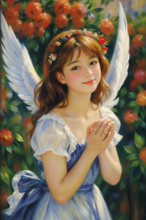 Cute Angel、Beautiful fece、goddes、a smile、twinkle、excitedly、joy、optic、Rose flower、balloons、heart、stele