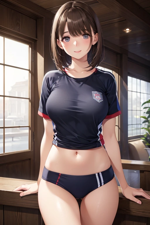 anegasaki nene、Shiny brown hair, short hair, (Beautiful brown eyes、Sparkling eyes, Fine grain)、smile、Ultra-detailed eyes、Highly detailed face, Highly detailed eyes,Cowboy Shot、



,masterpiece, Highest quality, 8k, 8k UHD, 超High resolution, 超High resolution, High resolution, shading, 
1 girl, 20-year-old girl, Realistic lighting, Beautiful Eyes, Beautiful Face, Beautiful Eyes, (Improving the atmosphere of the body line: 1.1), (Improves the beauty of skin texture: 1.1), Perfect-fitting gym wear,smile、smile