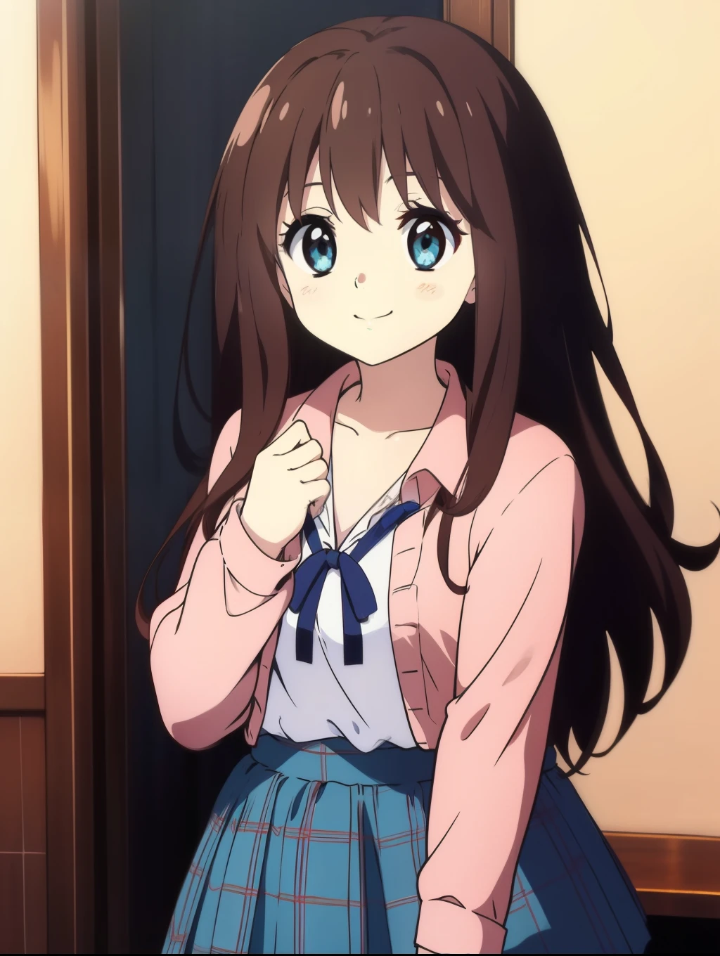 Ai shindou, 1girl, solo, long hair, floating hair, white tank up shirt,white tank up shirt, brown hair,  long sleeves, blue sea eyes, plaid,  smile, cover mouth  and nose with both hands, plaid skirt, ribbon, cowboy Shot,
home in the room,
masterpiece, high quality, very_high_resolution, large_filesize, full color,