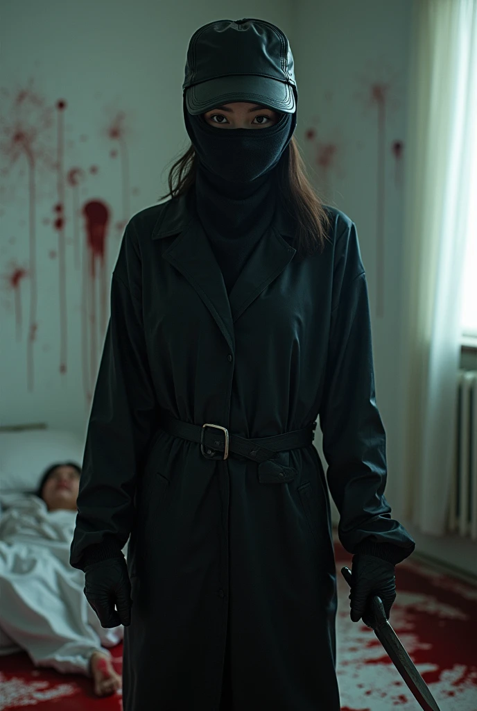 2 korean girl, (behind multiple corpse, holding knife), black surgical mask, black gloves, room full of blood, black raincoat, bucket hat, looking at viewer, holding knife, black gloves, woman on top, behind multiple corpse, blood splatter, mass murderer, killer, long bangs, blood splatter, dark atmosphere, cinematic lighting, atmospheric realistic, light from the window,