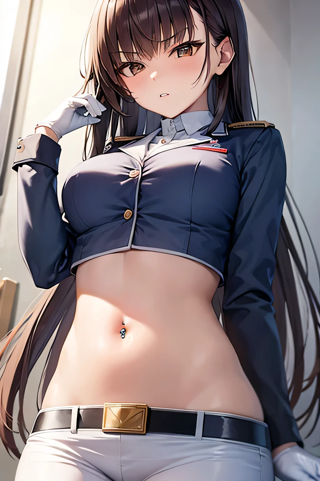 marciana \(nikke\),super fine illustration, vibrant colors, masterpiece, sharp focus, best quality, depth of field, cinematic lighting, ultra detailed,long hair, long sleeves, brown hair, white gloves, crop top, military uniform, navel piercing, white pants, annoyed, looking down, 1girl, solo, brown eyes, blush, medium breasts, chestnut mouth, parted lips, navel, belly button, bellybutton, tummy, hand on own stomach, navy blue shirt, belt
