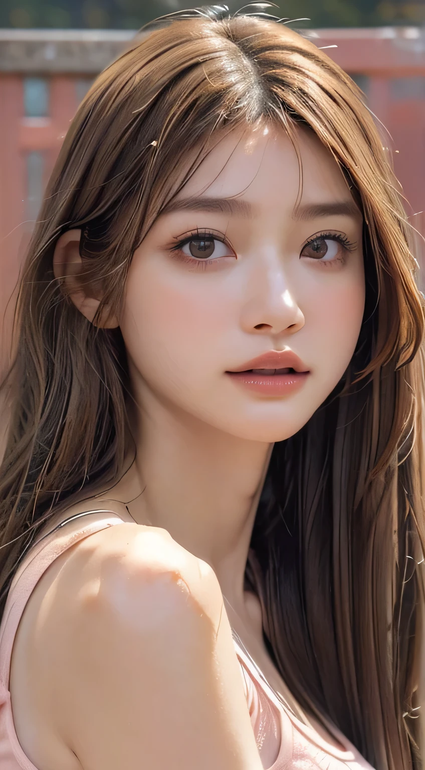 A woman with long hair and a pink top posing for a picture - SeaArt AI