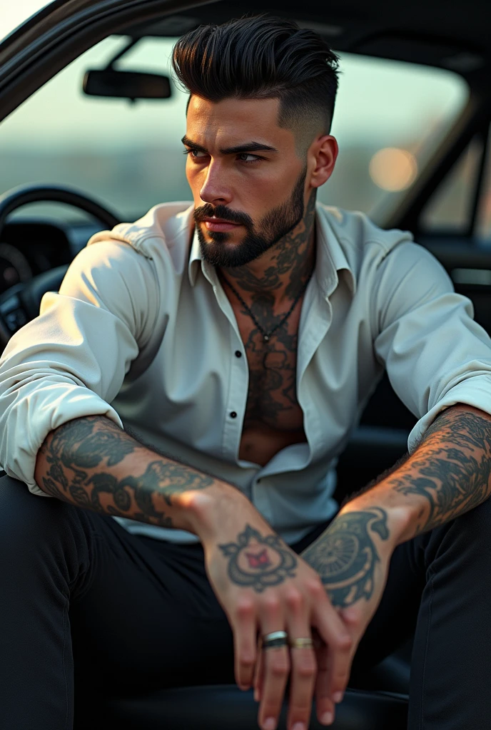 a man with a hat sitting in a chair, a tattoo by August Lemmer, instagram contest winner, rayonism, tattoo, handsome, contest winner
