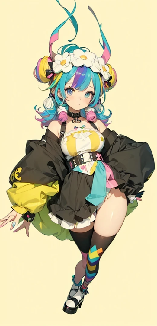 (Highest quality, masterpiece, Very detailedな, Very detailed, Exquisite, 16K,Full HD),(White Background:1.5),、Big Breasts,Pink hair and blue eyes、Yellow Jacket、Please raise your right hand、Lower your left hand、Stand only on your right foot、Raise your left leg。smile、White Background,Nanjamo,No text