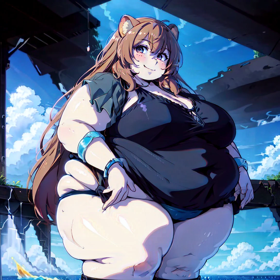 4K, detailed eyes,fat face, fat Raphtalia, raccoon tail in back, blue bikini, thick thighs, cute, smile, blue neon, retrowave background