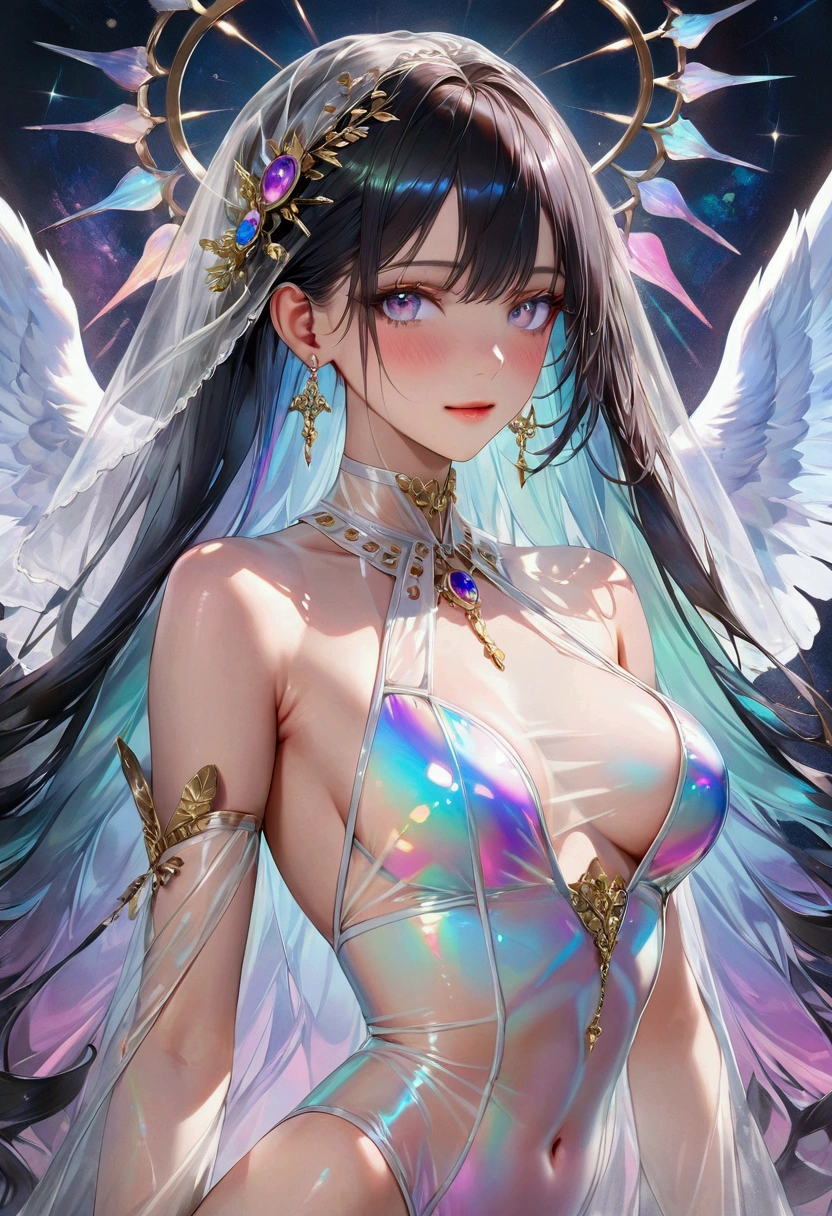 Long smooth straight black hair, inner colored iridescent hair, iridescent eyes,transparent sexy clothes, masterpiece, super detail, best quality, 8k,realistic