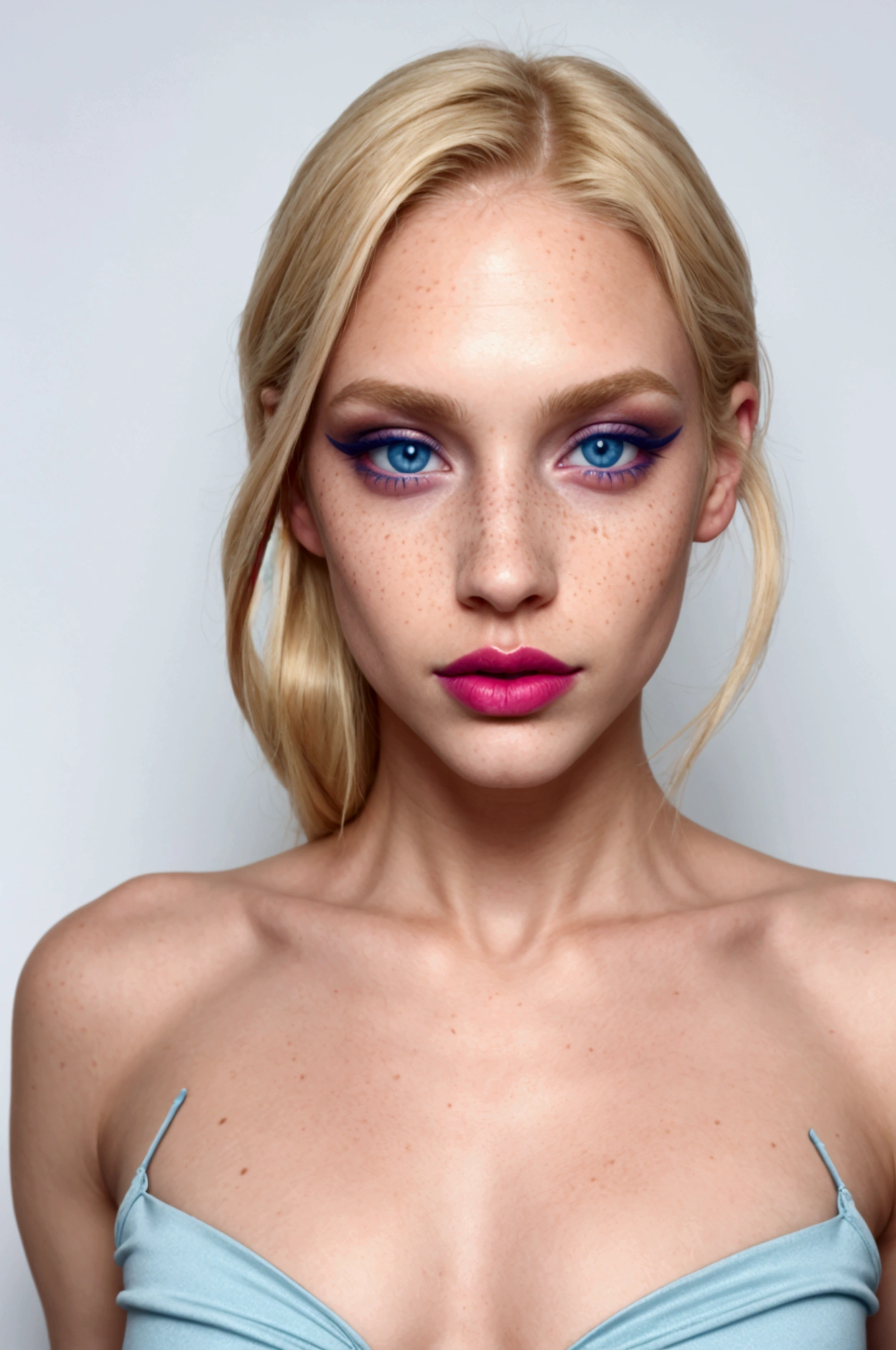 Beautiful skinny girl, elongated face and thin chin, freckles, blond, blue colored eyes, red lipgloss stick, beautiful makeup, Caucasian skin, with top and blonde hairy pussy