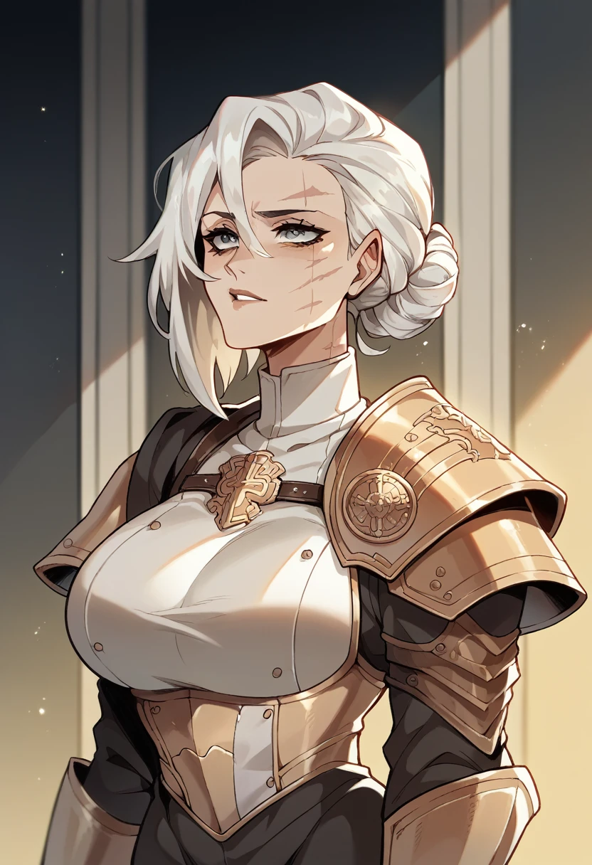 NSFW, a female crusader with a Sci Fi aesthetic, white haired femal with facial scars, beautiful mature face, amoured woman, gaudy armour, inquistor, large bust, standing in a castle, warm lighting