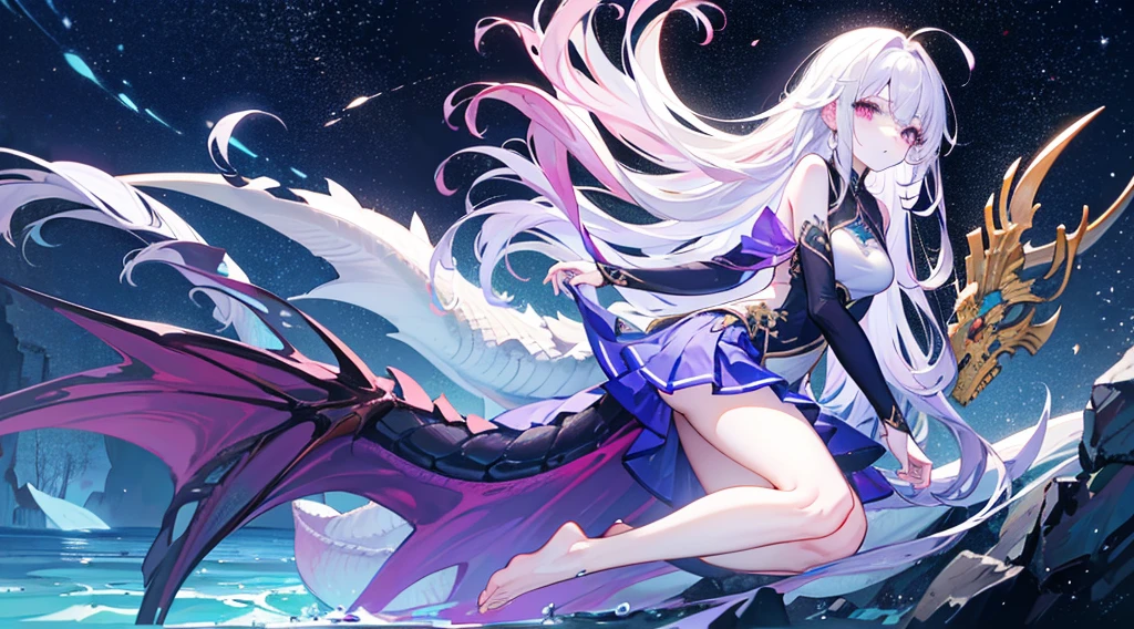 Une déesse dragon dont le corps est une éclipse vivante, une danse éthérée entre l'ombre et la lumière. Chacune de ses courbes, semblable à des vagues mystiques d'obscurité, crée une silhouette qui évoque à la fois la profondeur du cosmos et la clarté des étoiles. Les ailes de Nesya, déployées avec grâce, révèlent des motifs astraux qui semblent capturer la quintessence des constellations.