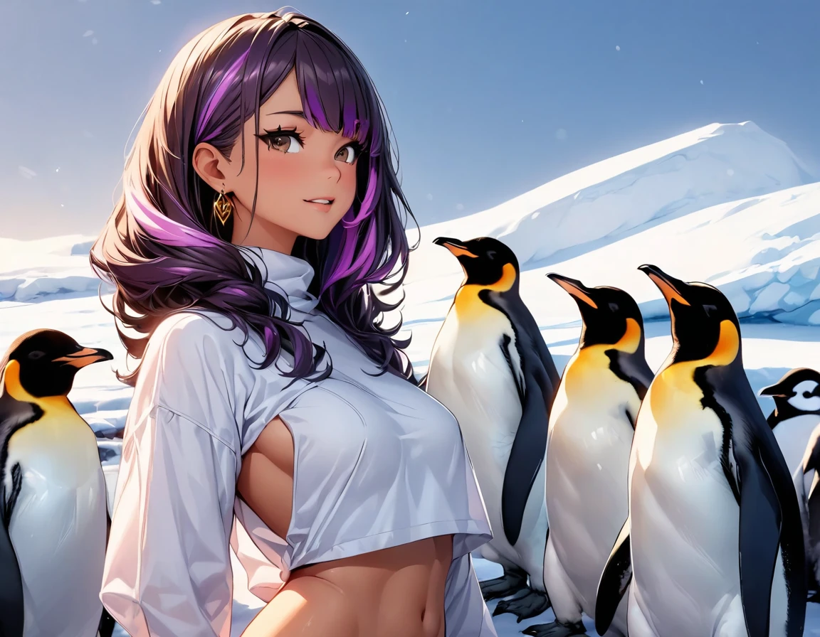 (highest quality:1.2, Very detailed, up to date, Vibrant, Ultra-high resolution, High Contrast, masterpiece:1.2, highest quality, Best aesthetics), Portraiture、girl、((25-years-old:1)), Bright colors、Beautiful fine details、Beautiful lip detail, long hair、black and purple ((streaked hair:1.6)), highlights hair: 1.5, brown eyes, gold earrings, ((slim body:1.4)), (small breast:0.7), (dark skin:0.5), (Antarctic:1), penguin, Cowboy shot,
