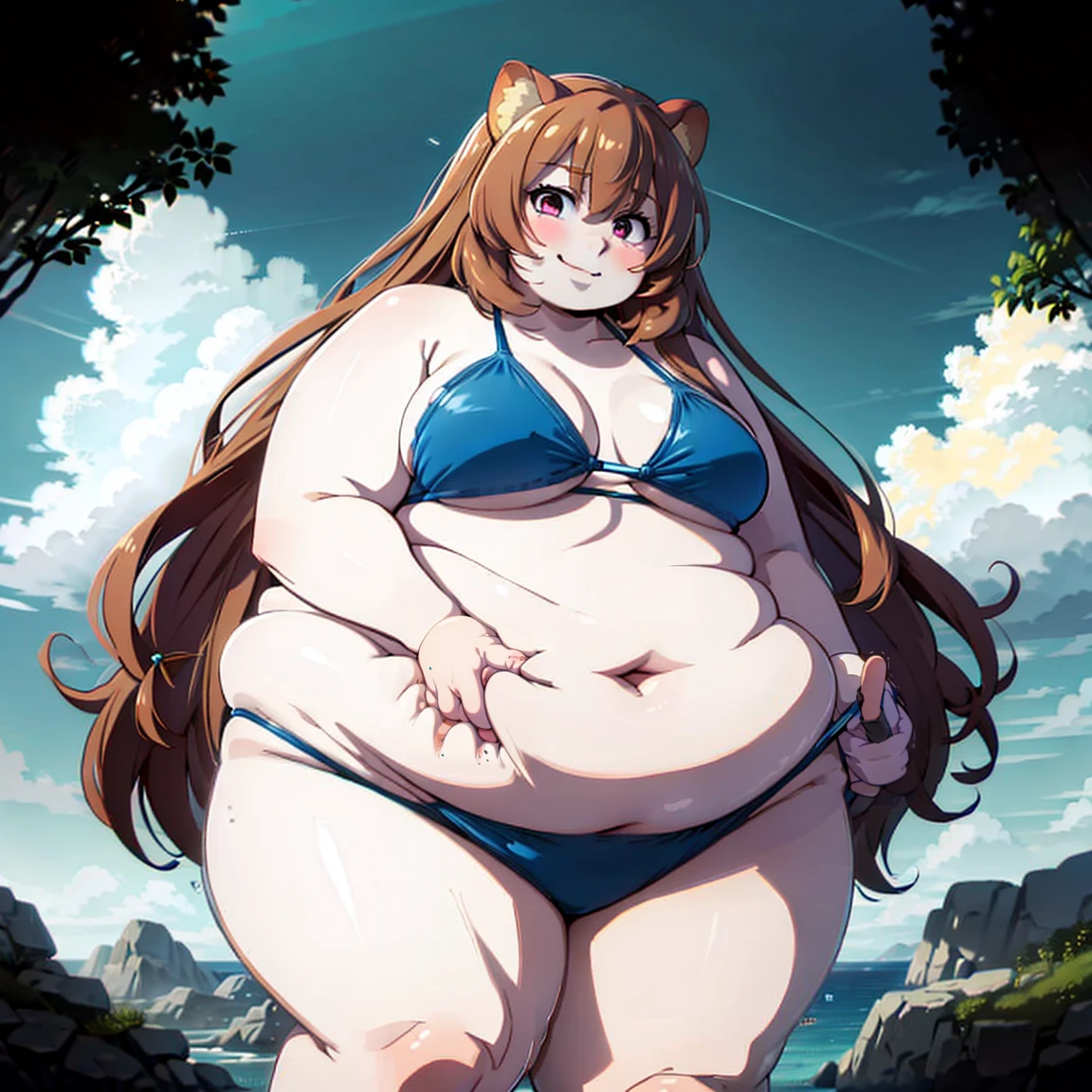 4K, detailed eyes,fat face, fat Raphtalia, raccoon tail in back, perfect hands, blue bikini, thick thighs, cute, smile, blue neon, retrowave background