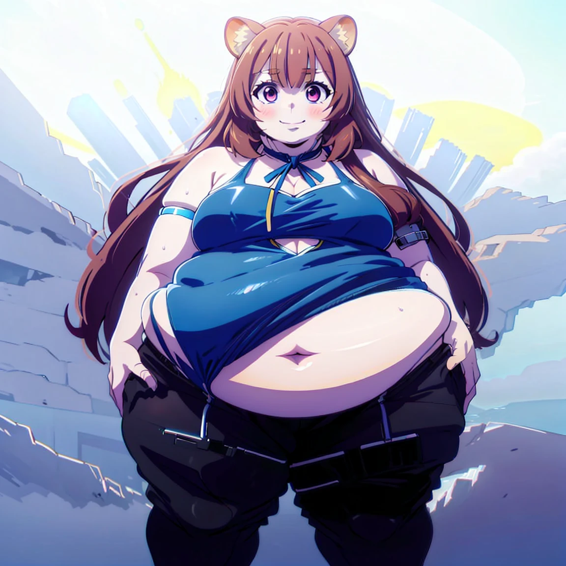 4K, detailed eyes,fat face, fat Raphtalia, raccoon tail in back, perfect hands, blue bikini, thick thighs, cute, smile, blue neon, retrowave background