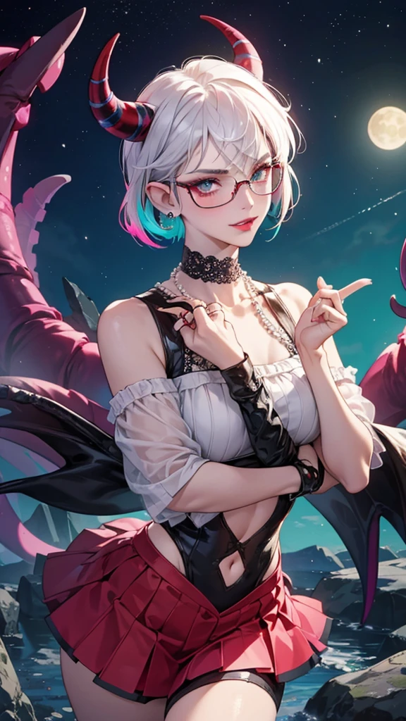 8k, masterpiece, best quality, highly detailed, 1 girl, tiefling, warlock, pixie cut, multicolored hair, very short straight hair red highlight hair on white hair, strippled hair, wearing glasses, round glasses, earrings, navel piercing, red eyeshadow, long eyelashes, blushed cheek, red lips, pearl necklace, rings, collarbone, mole on face, glamorous, teal and pink clothes, sleeveless, miniskirt, smirk, close up view, rings, looking at viewer, demon horns, solo, starry sky, pale blue moon, standing, demonic arms, chains on the background, black lace gloves, tentacles, orbs.