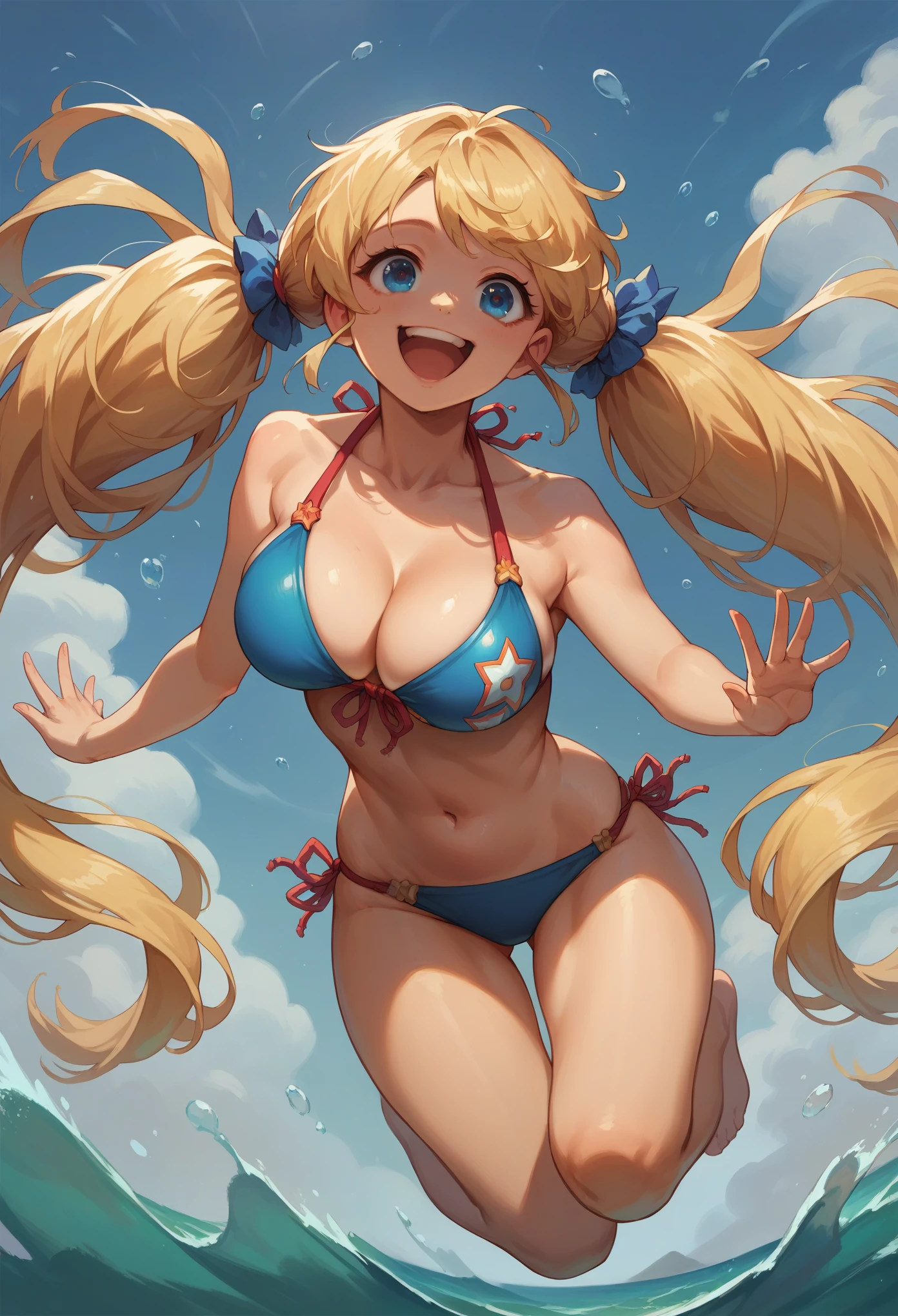 score_9, score_8_up, score_7_up, score_6_up, masterpiece, best quality, 1 girl, solo, happy face, detailed eyes, blue eyes, blonde girl, long hair, twin tails, bikini, big breast, jumping