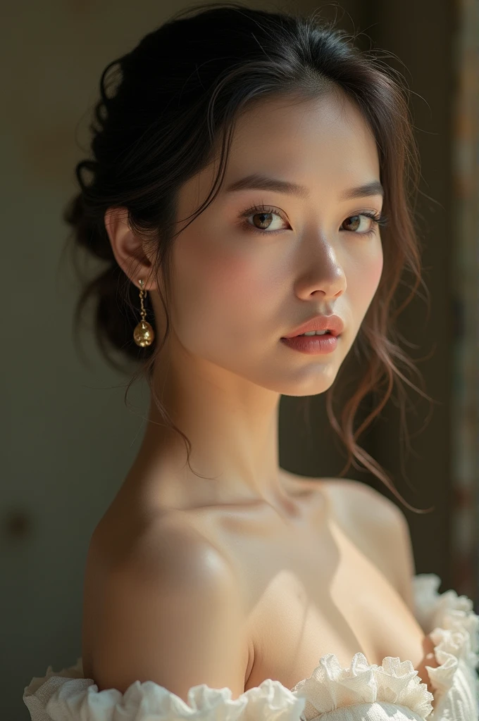 Best quality, masterpiece, high resolution, 1girl, porcelain dress, hair accessories, necklace, jewelry, beautiful face, on the body, Tyndall effect, realistic, dark studio, edge lighting, two-tone lighting, (high detail skin: 1.2), 8k UHD, dslr, soft light, high quality, volumetric light, candid, photo, high resolution, 4k, 8k, background blur,