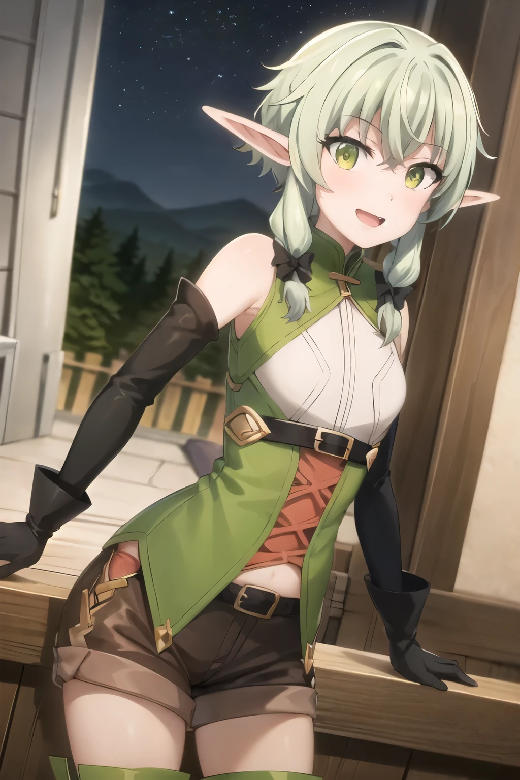 Highest quality, (masterpiece:1.2), detailed,
(High Elf ), One girl, alone, Open your mouth, smile, Pointed Ears,
Green Hair, Green Eyes, short hair, short hair with long locks, 
Green Dress, Sleeveless dress, Black Bow, Black gloves, Asymmetrical gloves, Brown shorts,
Thigh-high boots,
Are standing, Looking at the audience,
Night Sky, forest, Mountain々,