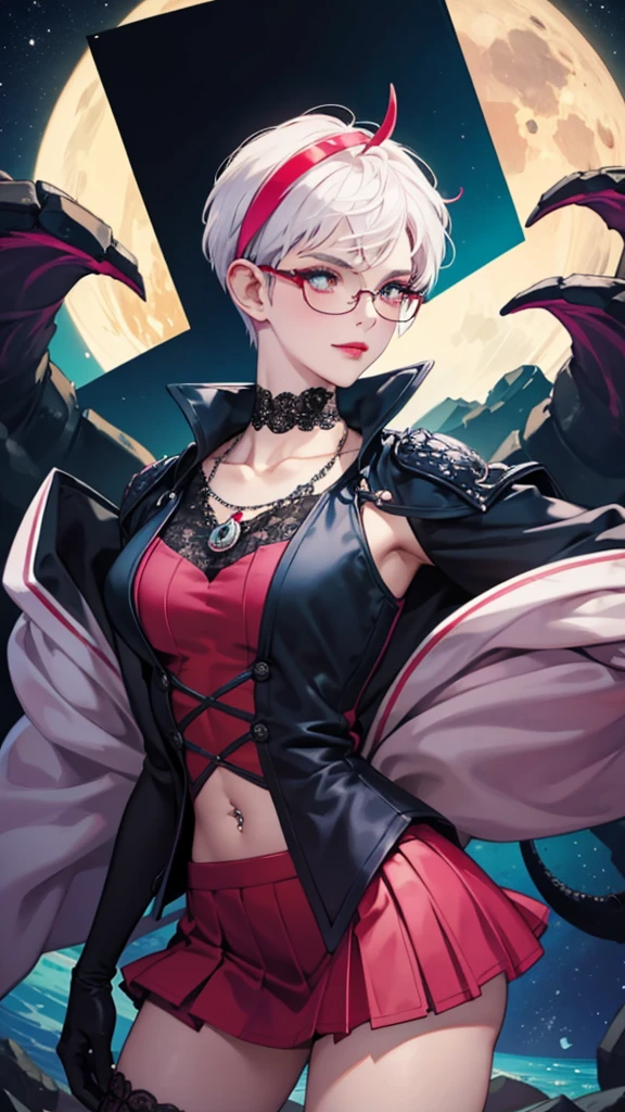 8k, masterpiece, best quality, highly detailed, 1girl, tiefling, warlock, multicolored hair, very short straight hair green highlight hair on white hair, strippled hair, wearing glasses, round glasses, earrings, necklace, navel piercing, collarbone, cleavage, short tight skirts, high heels, mole, glamorous, teal and purple clothing, villainy, smirk, seductive pose, close ups view, rings, looking at viewer, standing, demon horns, gala, midnight, blue moon, ballroom, aesthetic, hand touching chin, red nails, solo.