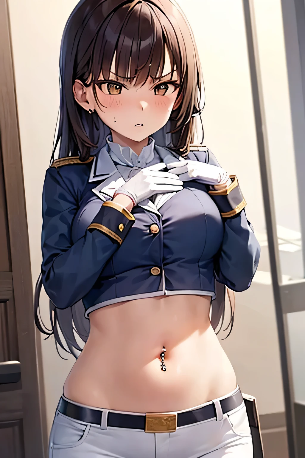 marciana \(nikke\),super fine illustration, vibrant colors, masterpiece, sharp focus, best quality, depth of field, cinematic lighting, ultra detailed,long hair, long sleeves, brown hair, white gloves, crop top, military uniform, navel piercing, white pants, annoyed, looking down, 1girl, solo, brown eyes, blush, medium breasts, chestnut mouth, parted lips, navel, belly button, bellybutton, tummy, hand on own stomach, navy blue shirt, belt
