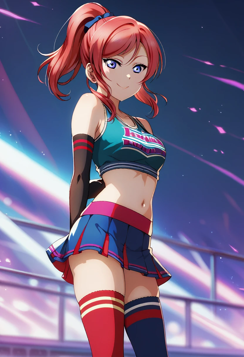 masterpiece, best quality, nishikino maki,red hair, medium hair, purple eyes , cheerleader top ,tank top, skirt, elbow gloves, mismatched thighhighs , standing, arms behind back, smile , love live , navel , ponytail 