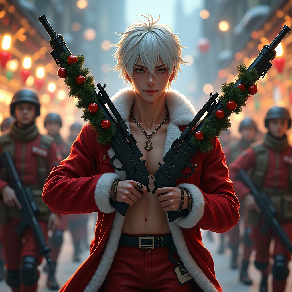 a young man holding two double bartels with a chrismast decoration on the gun and with a short hair and with white bangs and wearing a lester coat that is the santa claus version kita din yung 8 abs nya na and wearing a necklace and the name Granger is written and with background soldiers in chrismast outfits and with chrismast lights