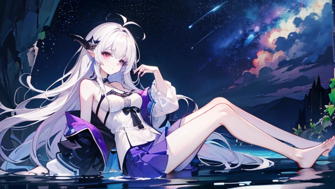Lilac gradient hair,Asymmetrical hair,（（Very voluminous hair 1.8，Clear head outline 1.5））， Shoulder-length hair, Messy hair, Very long hair, Shiny hair，(Long hair:1.2),A beautiful girl，Gorgeous purple mini skirt，tall，slim，(看起来很sad，pale，sad，shut up：1.2） Against the backdrop of the bright dark starry sky，Side-lying，barefoot，float，water surface，dignified，Long Law，Long Law，fully，Normal legs，Whole body love