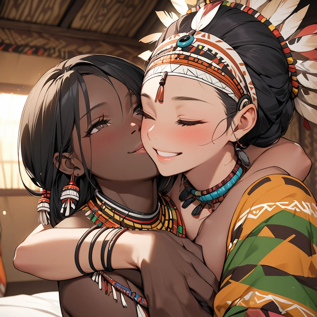 ((Highest quality)), ((masterpiece)), (detailed), (Perfect Face)、The woman is naked on the bed in the tribe's bedroom, tightly embracing a naked man from the tribe, deeply kissing and making love with insemination sex.、The woman has bright black skin、(Ghana braids with strong curly hair slicked back)、Black, dark skinned, African native tribal woman、The amount of hair is small、Black Hair、Very short curly hair、Ghana braid hair, finely and delicately braided into Ghana braids and slicked back、Her hair is braided and thin, and she wears a tribal headdress and a tribal headscarf.、African black woman beautifully dressed in tribal clothing, tribal earrings and tribal accessories, wearing tribal makeup、A beautiful tribal woman with tattoos all over her body、Women in tribal village night rituals、The woman's hair is dyed black by the other women in the village and styled like an African woman's.