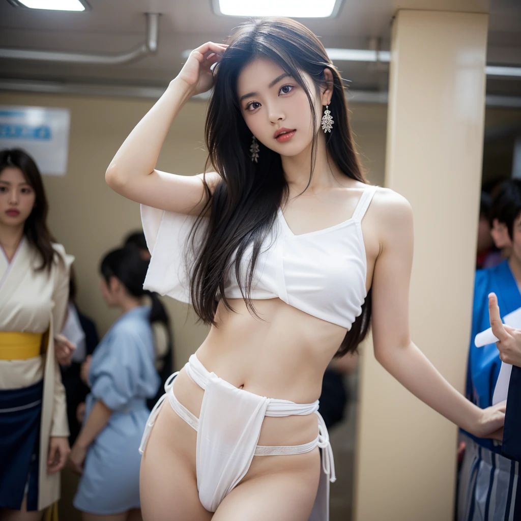 Just one woman, 1、young、(small, Flat Chest:1.0)、((((Tightening the Japanese loincloth:1.2))))、 Looking into the camera、Beautiful Japanese Idols, ((((Show off your thighs))))、((Whole body images))、Well-proportioned and beautiful body、(The white loincloth digs into my body tightly.)、Looks great in full-body photos, Yukihime, Long eyelashes, Snowflake Earrings,　The upper body is in a suit、Carrying a shoulder bag、cute、Superlatively beautiful
(RAW Photos, Highest quality), (reality, reality的:1.4), (flying debris), career woman、morning、On the way to work、Inside the subway、Crowded with many passengers、Beautiful details of a crowded train, Beautiful lip detail, Highly detailed eyes and face, Direct sunlight、Natural Light Break is perfect anatomy, The whole body is thin, Small breasts, (Semi-long hair:1.3), goddess&#39;smile, 
Crystal Skin, Wake up, Capture the light