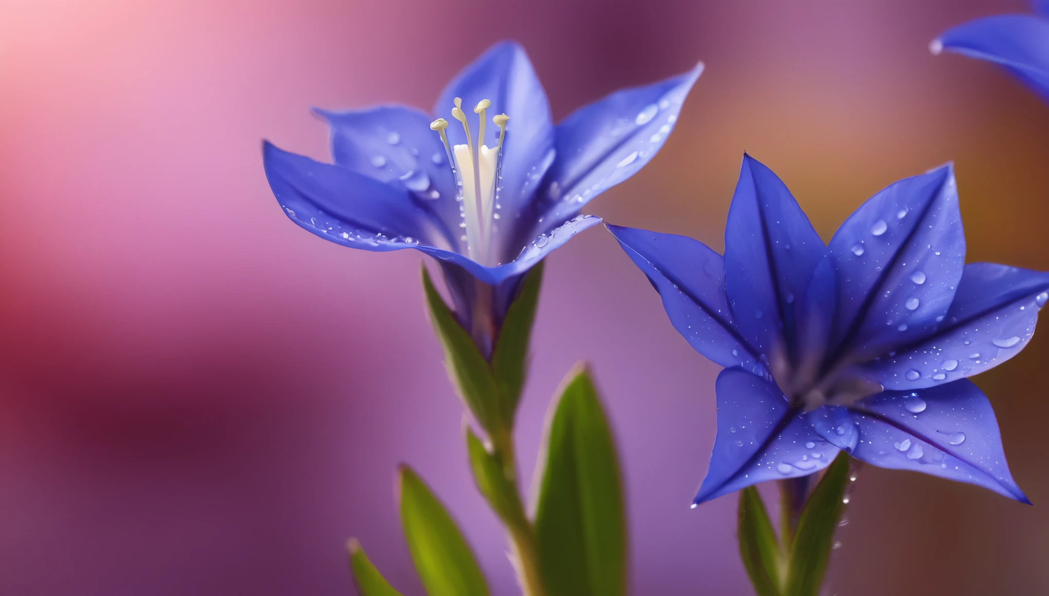 (((Autumn flowers, gentian:1.4, Beautiful vibrant purple-blue delicate wildflowers:1.2)))、Detailed shots、Complex petal texture、Lush natural light、Autumn harvest season、(Highest quality、4K、8k、High resolution、masterpiece:1.2)、Super detailed、(Real、Photorealistic、Photorealistic:1.37)、Macro photography、Soft Focus、Shallow depth of field、 Vibrant jewel-like colors、Natural bokeh、Delicate petals、Complex stamens、Dew drops on petals、soft and warm lighting、 Dramatic chiaroscuro lighting、Cinematic composition