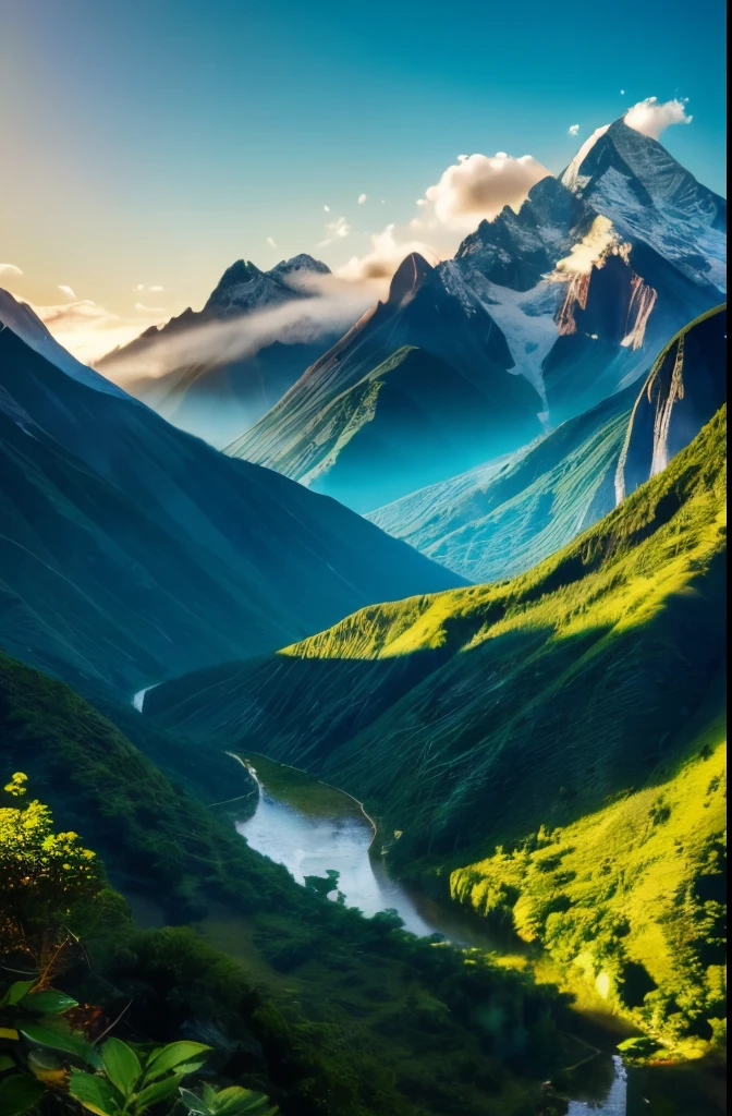 detailed watercolor painting, beautiful south american mountain valley, majestic mountain range, lush green foliage, dramatic lighting, vibrant colors, serene atmosphere, realistic, photorealistic, 8k, best quality, masterpiece, highly detailed, cinematic composition