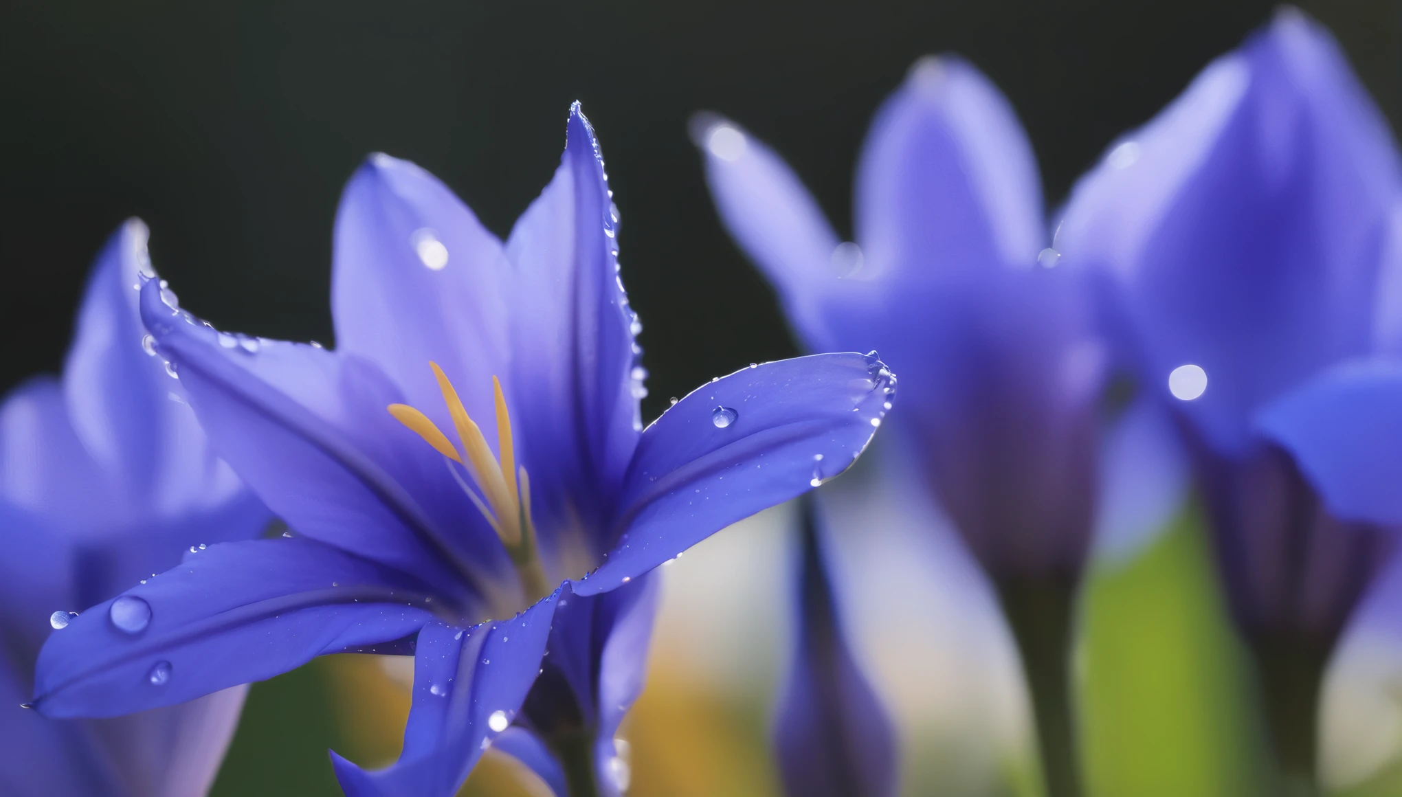 (((Autumn flowers, gentian:1.4, Beautiful vibrant purple-blue delicate wildflowers:1.2)))、Detailed shots、Complex petal texture、Lush natural light、Autumn harvest season、(Highest quality、4K、8k、High resolution、masterpiece:1.2)、Super detailed、(Real、Photorealistic、Photorealistic:1.37)、Macro photography、Soft Focus、Shallow depth of field、 Vibrant jewel-like colors、Natural bokeh、Delicate petals、Complex stamens、Dew drops on petals、soft and warm lighting、 Dramatic chiaroscuro lighting、Cinematic composition