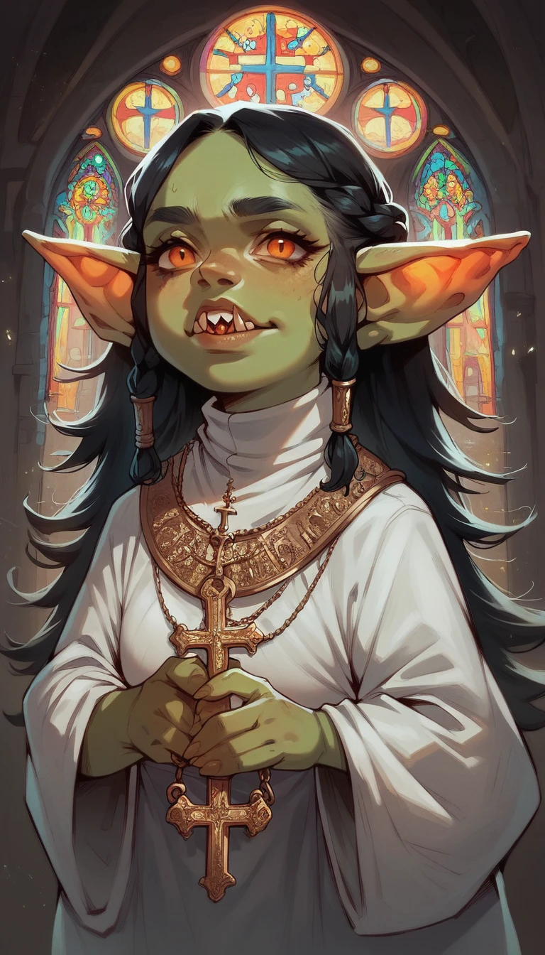score_9, score_8_up, score_7_up, score_6_up, 1woman, black hair, french braids, orange eyes, cleric, goblin, green skin, long ears, sharp teeth, white robe, golden embroidery, church