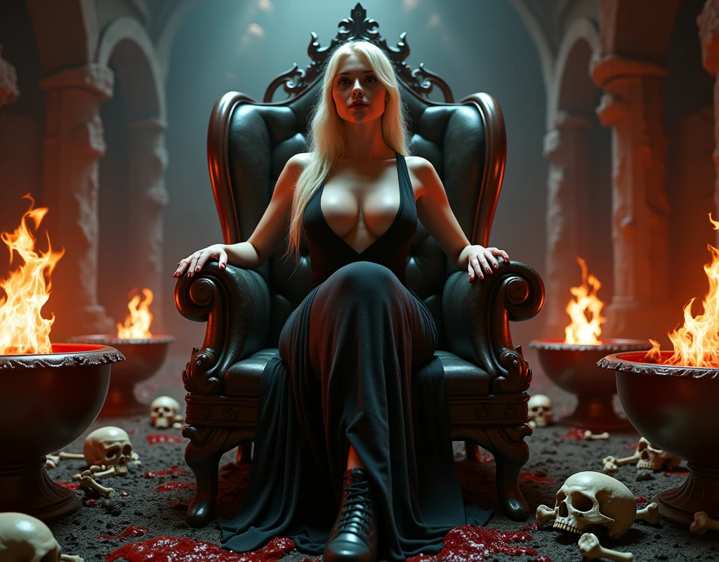 (beautiful punk woman) , (queen of hell on her throne), (((striking eyes))), (skinny:1), (small:1), (big boobs:1.3), (((night))), (((sitting on a burning steel throne))), spread legs, extravagant, oily wet skin, sweat, (((fire and demons))), (wicked smile), (((visible vagina))), ((shaved pubis)),tattoos, ((high heels)), ((bodybuilder abs)), (((punk gown))), Crown of thorns, Scepter of shadows, Necklace of skulls, Ring of dark power, Chalice of souls, Book of forbidden spells, Orb of despair, Amulet of the abyss.