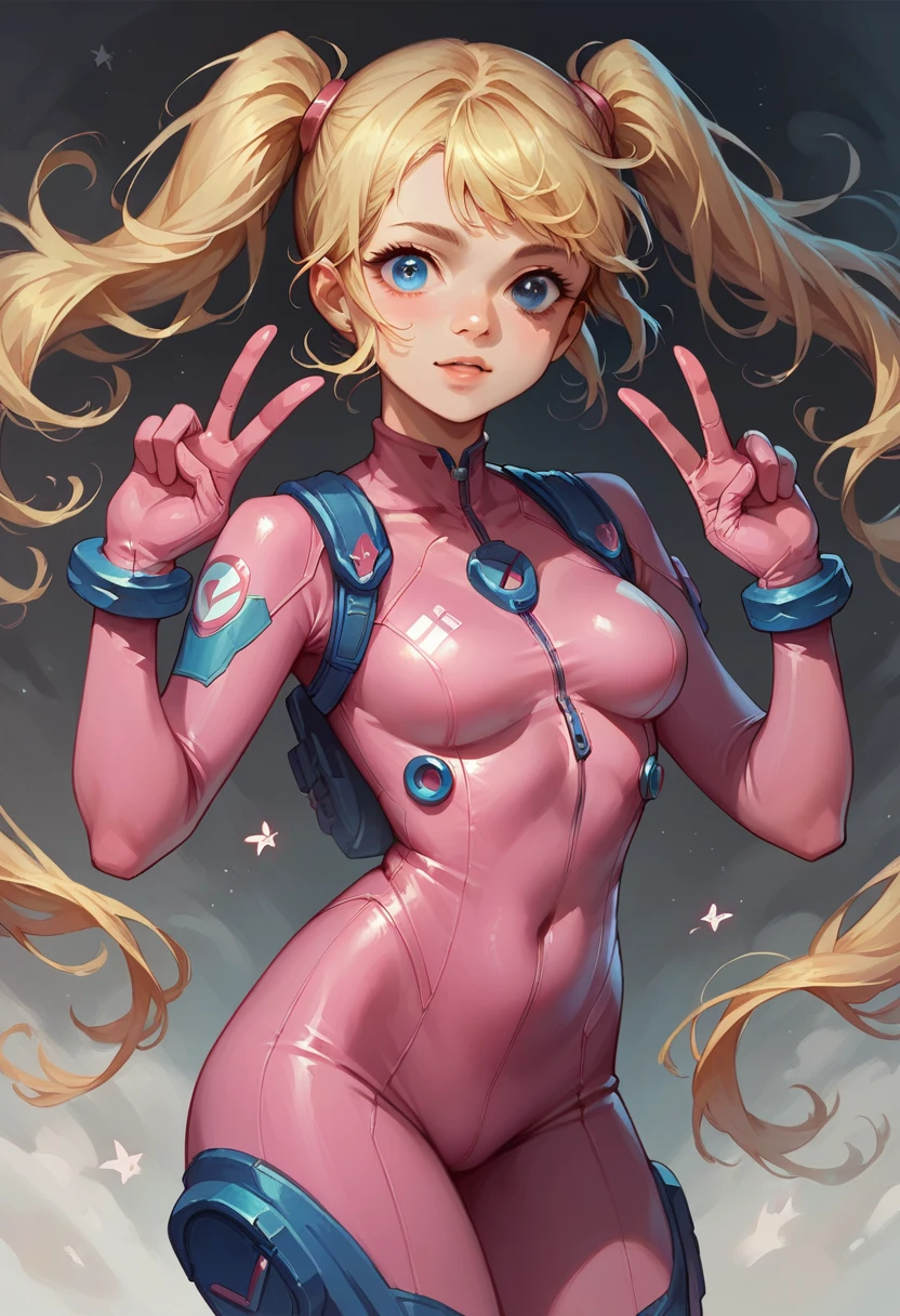 score_9, score_8_up, score_7_up, score_6_up, masterpiece, best quality, 1 girl, solo, detailed eyes, blue eyes, blonde girl, twin tails, pink tight bodysuit, showing peace