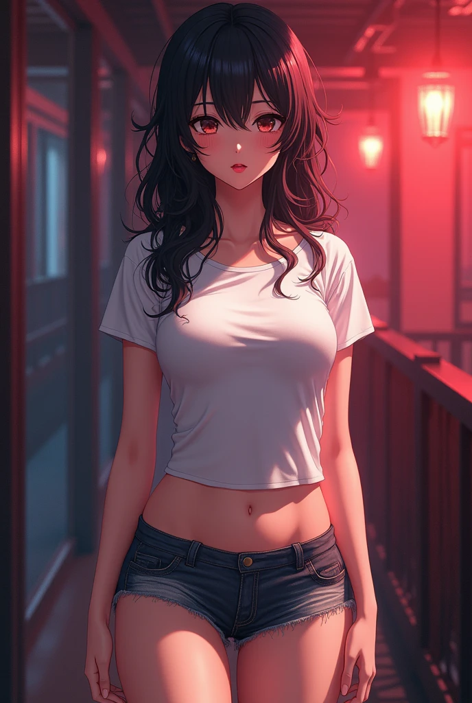 beautiful adult anime woman, fit, very long wavy jet black hair, red lace teddy, black skirt, white blouse, stiletto heels, waiting outside store, cloudy day