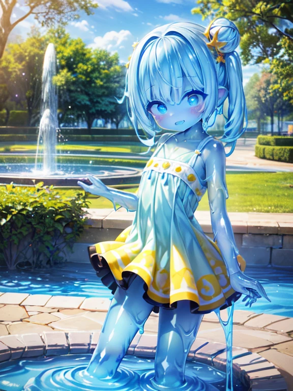 1 slime girl, (), ((blue skin)), ((cute)), Expressive eyes, (Perfect Face), ((())), Flat Chest, dress, Cheerful, (Dancing), Park with a fountain, Fantastic landscape, detail perfect piece, ultra detailed, Wide-Angle, move chart, 16k, anatomically correct, ((Best quality))