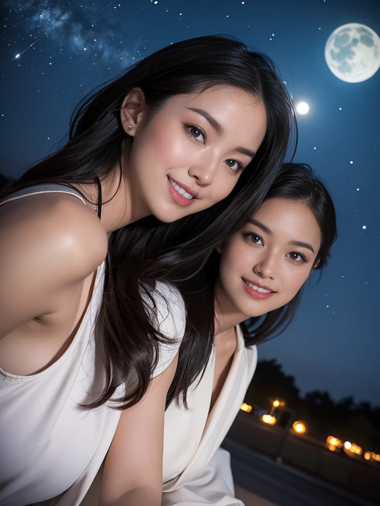 Asian woman, shoulder length hair, selfie, front facing, no hands visible, night lighting