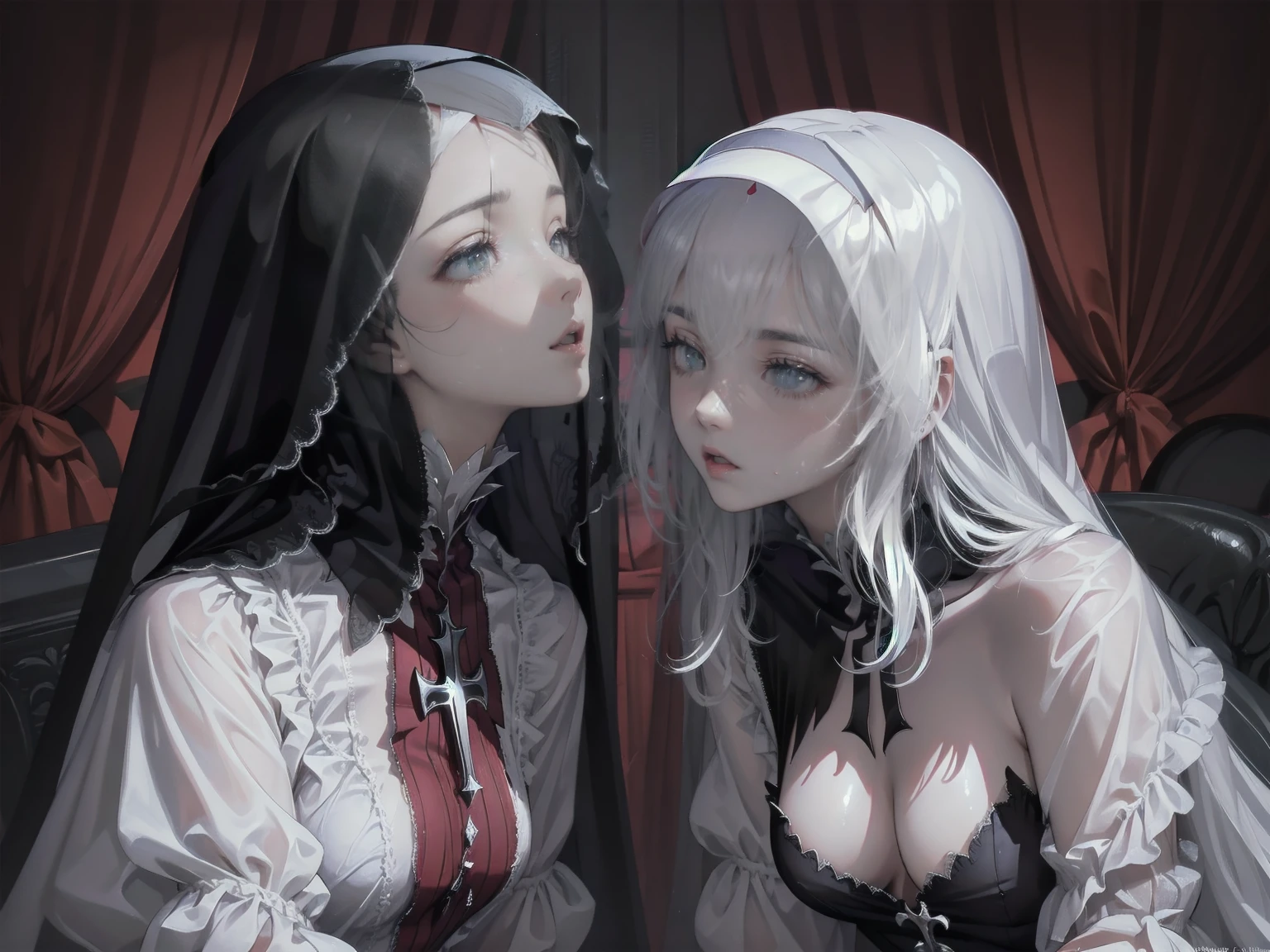 (Sexy Jamaican Gothic Devil Nun), dark, mysterious, Fascinating, Hauntingly beautiful, (Detailed facial features, Brutal painting, Sharp Eye, dark red lips), Tattered flowing robes, Reverse Cross Necklace, Sensual, Fascinatingポーズ, (Candlelight background, Ominous atmosphere), (Highest quality, High resolution, Very detailed), (Gothic art, oil, dark fantasy), (Dramatic lighting, Shadow, Mysterious glow), (black and red color scheme, Strong contrast), (Beautifully constructed, Intricate details), (Evokes a sense of desire and forbidden attraction).
